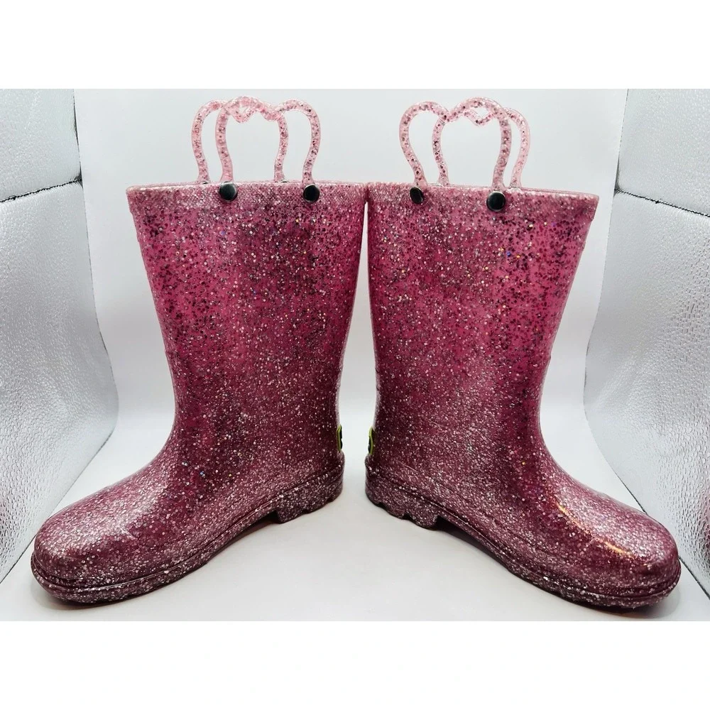 Western Chief Abby Pink Glitter Rain Boots Waterproof Pull On Kids US 11 Sparkle